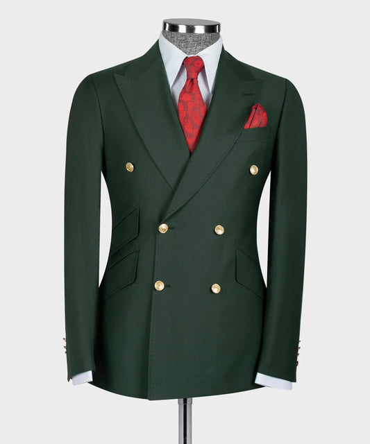 Blazer Bottle Green Twill Weave Two Button Double Breasted Blazer
