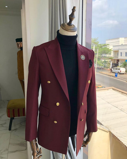 Blazer Burgundy Twill Weave Two Button Double Breasted Blazer
