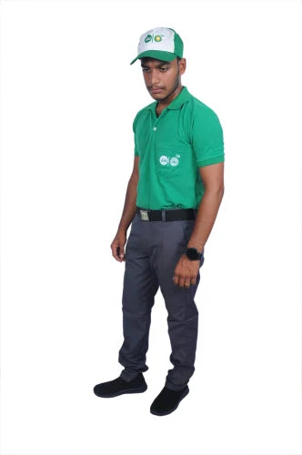 JIO-BP PETROL PUMP UNIFORM SET. T-Shirt: Green with Grey Trouser & P-Cap